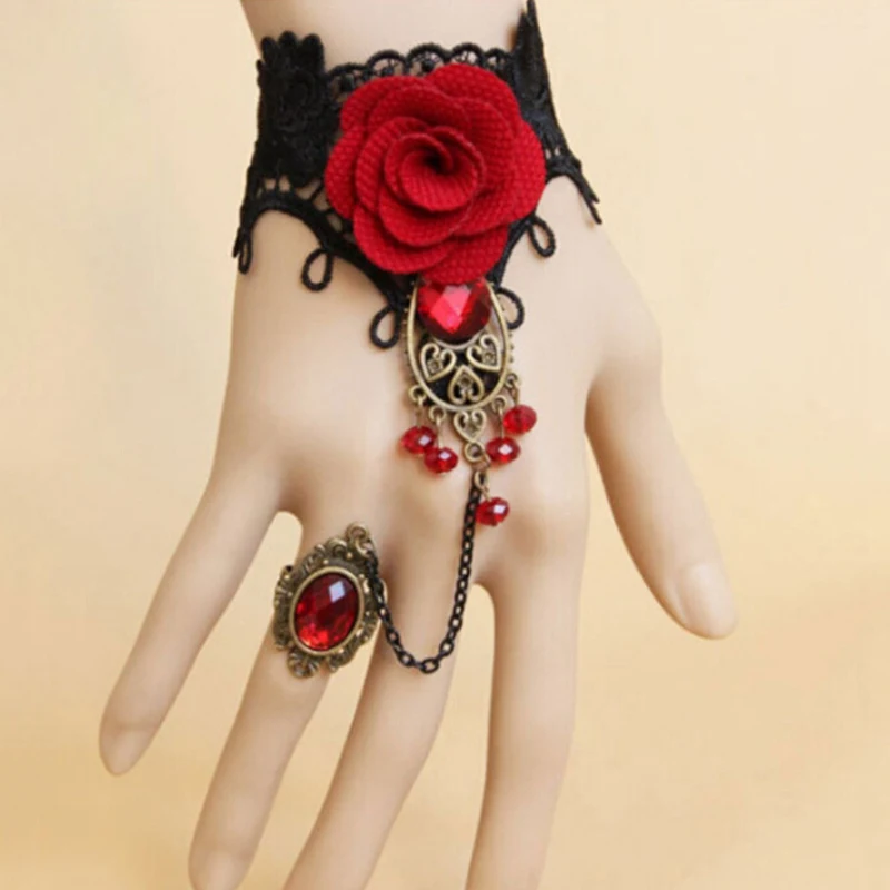 Halloween Women Rose Bracelets Steampunk Gothic Style Lace Bracelet Vampire Black Cosplay Costume Prop Ladies Bangles Jewelry