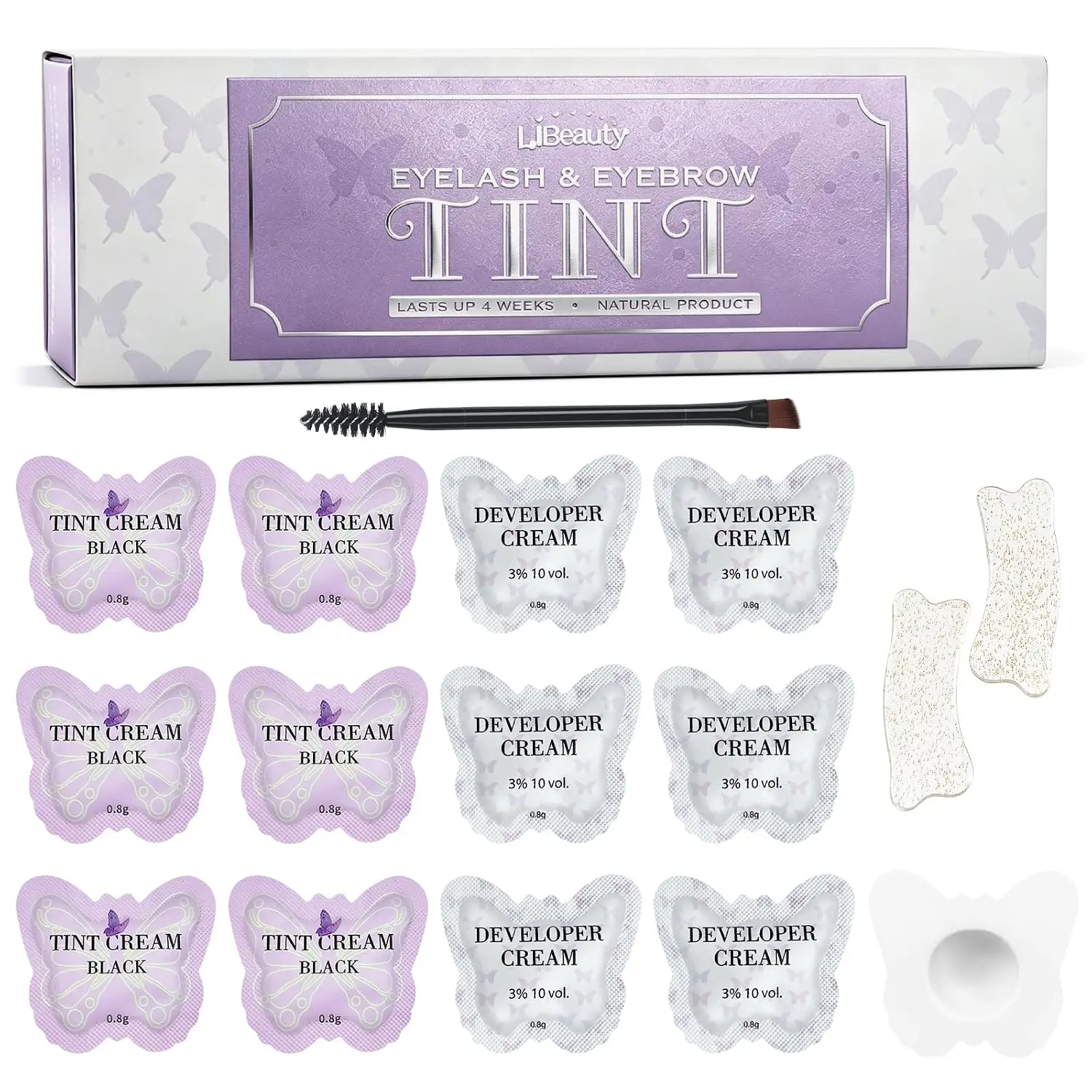 Libeauty Lash & Brow Tint Kit Black Eyelash Color Kit Individual Sachets Reusable Eye Pad and Double-Ended Brush Lash Color Tool