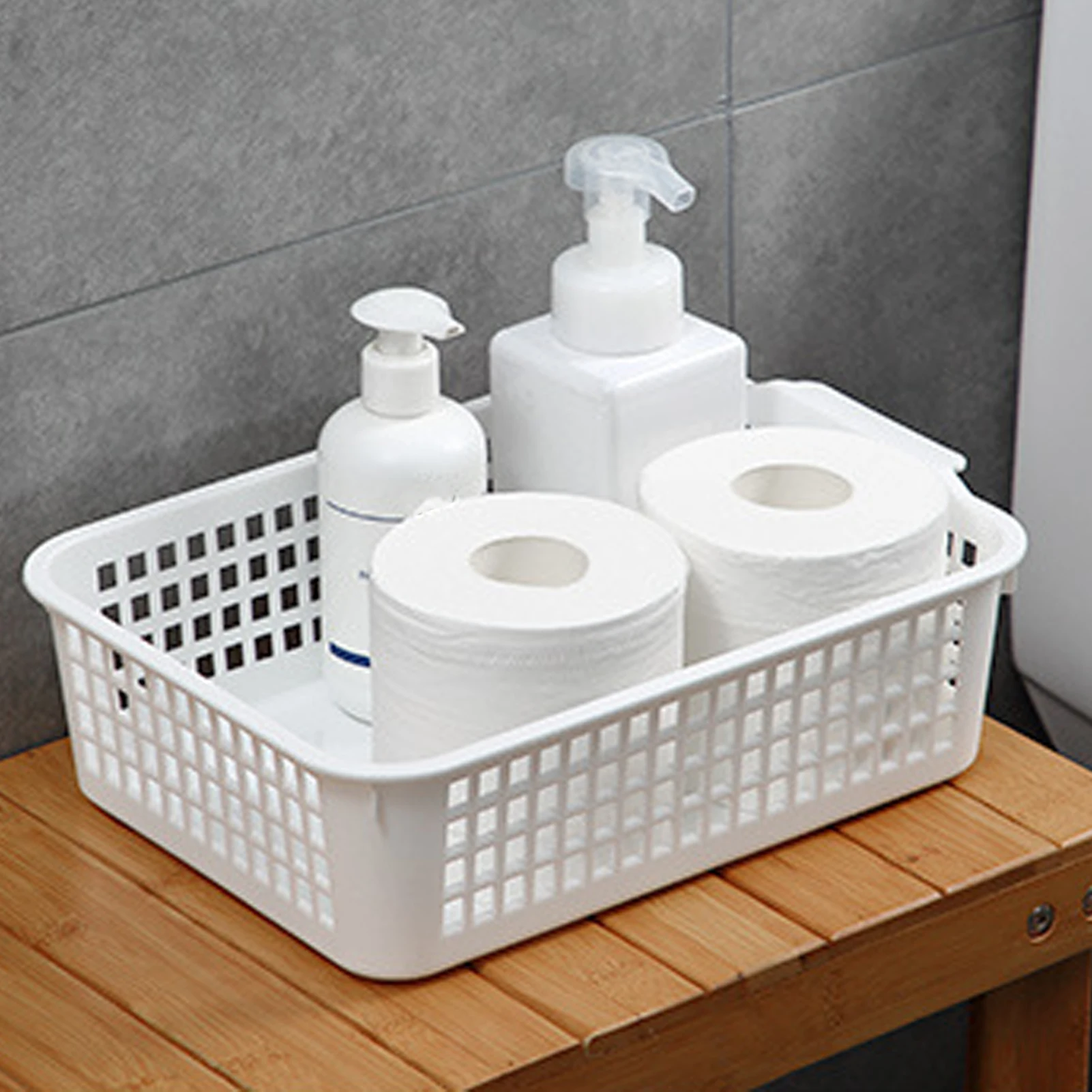 Desktop Storage Basket Desktop Storage Basket Space Saving Handle Rectangular Stackable Hollow Storage Basket Bin for Snack