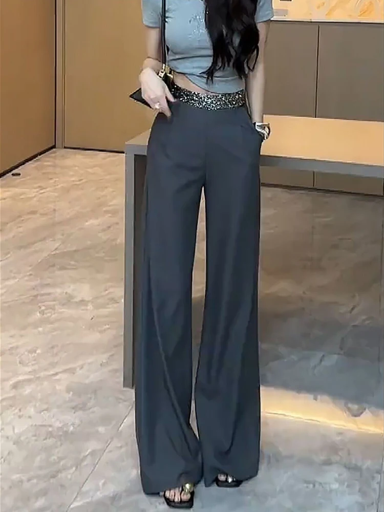 Shiny Waist Suit Bell Bottom Pants for Women 2025 New Style with a Hanging High Waist Showing a Slimming Straight Leg Pants