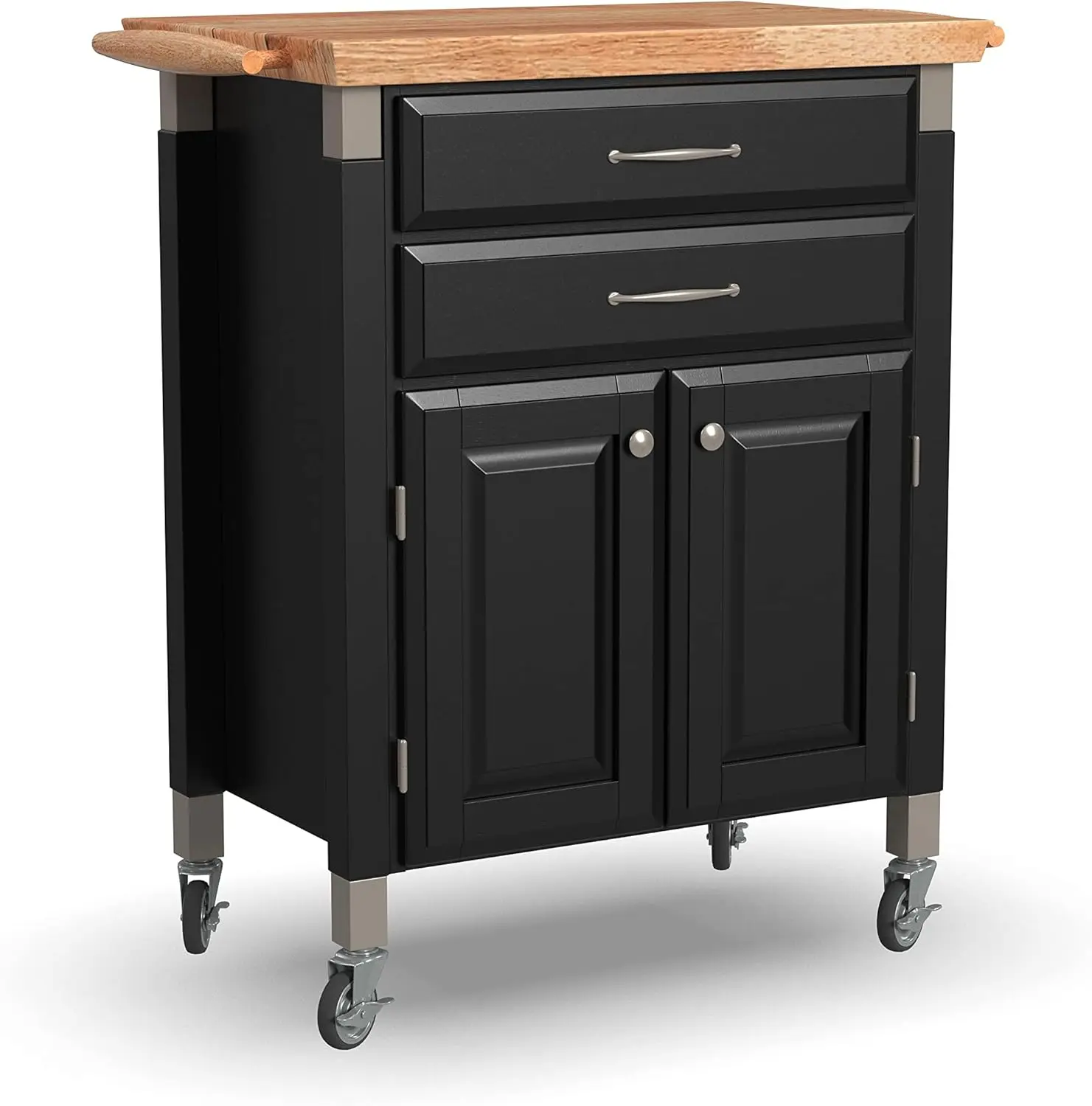 Black Dolly Madison Prep and Serve Kitchen Cart with Natural Top, Locking Casters, Two Drawers, Two Storage Cabinets