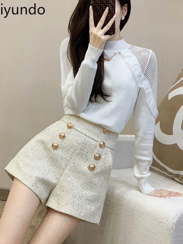 

Women's Double-Breasted Woolen Shorts - High-Waisted A-Line Plaid Pants with Sequins Fashionable Horseface Trousers