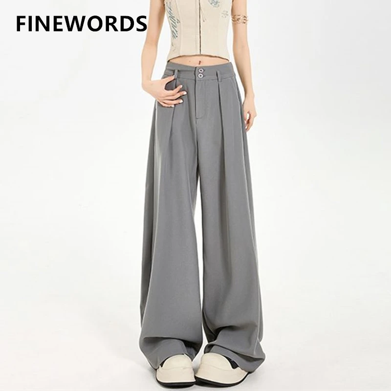 

FINEWORDS винтажные повседневные элегантные офисные брюки с высокой талией женские свободные рабочие брюки OL Easymatch полная длина широкие серые брюки