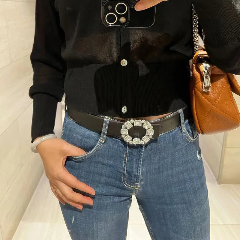 

Fashion Versatile Rhinestone Buckle Ladies Belt High Quality PU Leather Belt Trousers Jeans Adorned Accessories Women Waistband