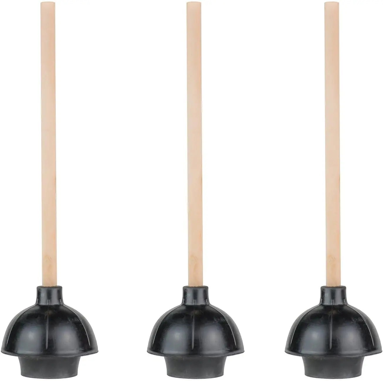 

Heavy-Duty Commercial Toilet Plunger with Double Thrust Force Cup and 18-Inch Wood Handle, Pack of 3