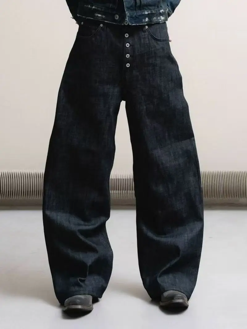 

Y2k American Retro Personalized Clip-Button Trousers Suit Jeans Korean Style Men Fashion Casual Loose Wide-Leg Scimitar Jeans