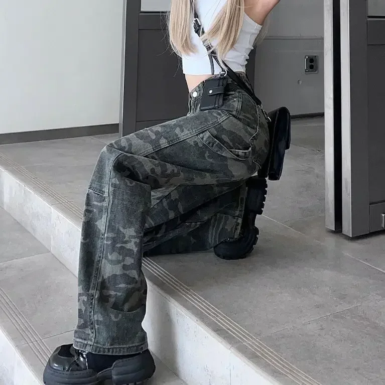 المرأة التمويه الجينز فضفاضة عالية الخصر خمر البضائع بنطال ذو قصة أرجل واسعة الدينيم كامل طول الشارع الشهير الإناث سراويل جينز