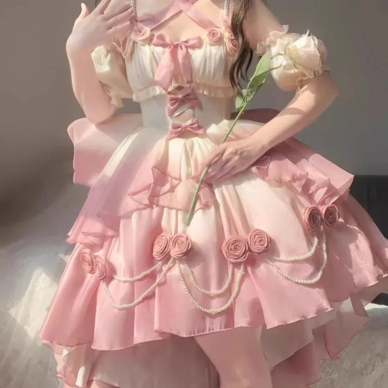 Vestidos de arco bolo vestido gótico japão kawaii y2k lolita azul branco preto renda escavada manga comprida vestido pulôver em camadas novo