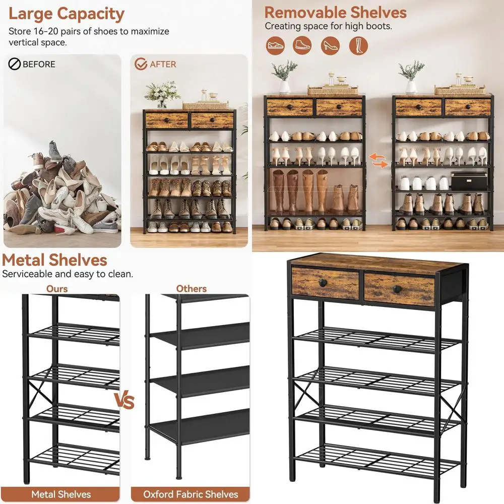 

5-Tier Metal Shoe Rack with Wooden Top for 16-20 Pairs, Rustic Brown Entryway Organizer