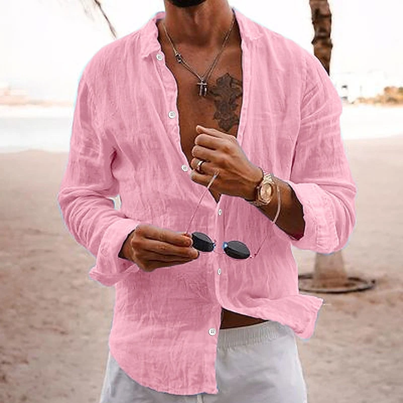 Vintage Men\'s Shirts Cotton Linen Breathable Beach Style Shirt Classic Solid Button Lapel Long Sleeve Oversize Shirts Streetwear