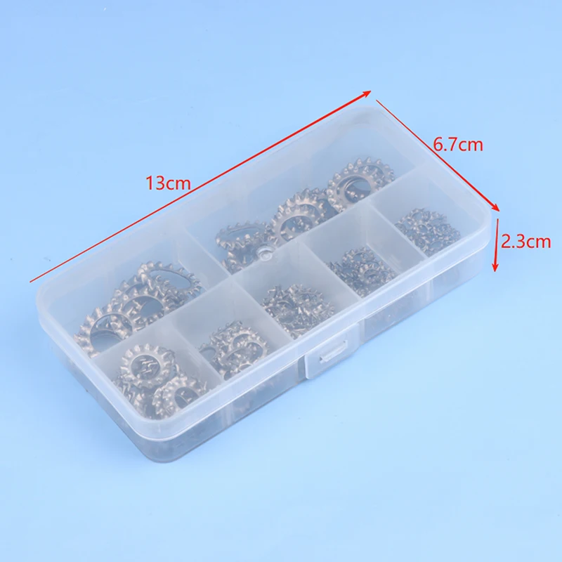 7 Dimensioni M3 M4 M5 M6 M8 M10 M12 160 Pz/scatola In Acciaio Inox Esterno Multi Dente Star Lock Rondelle Assortimento Set