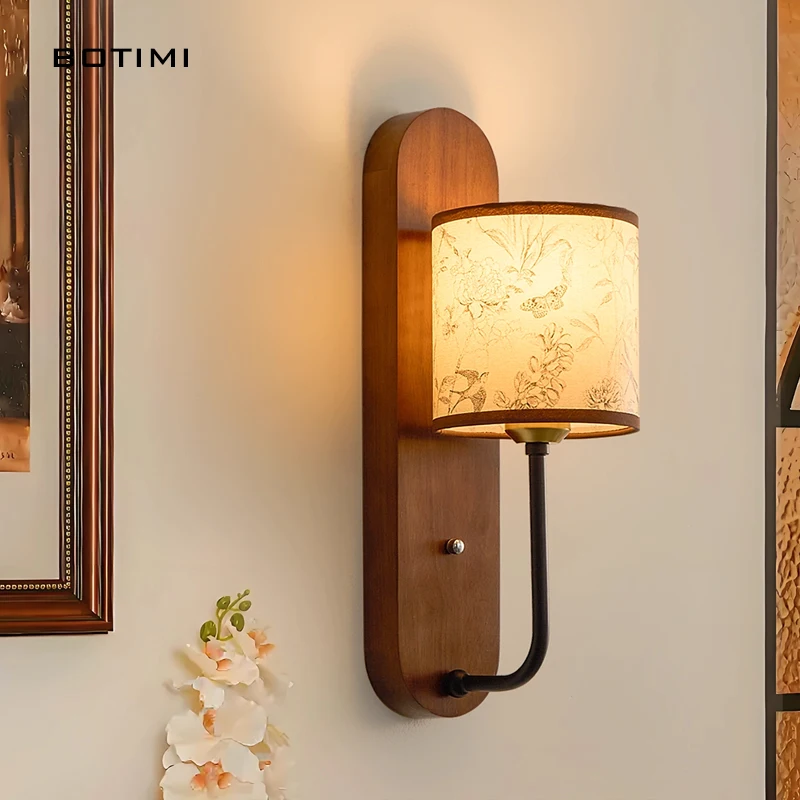 

BOTIMI New Arrival Wall Lamp For Living Room Hotel Bedside Wall Sconce With Fabric Lampshade E27 Luminaire Home Lighting