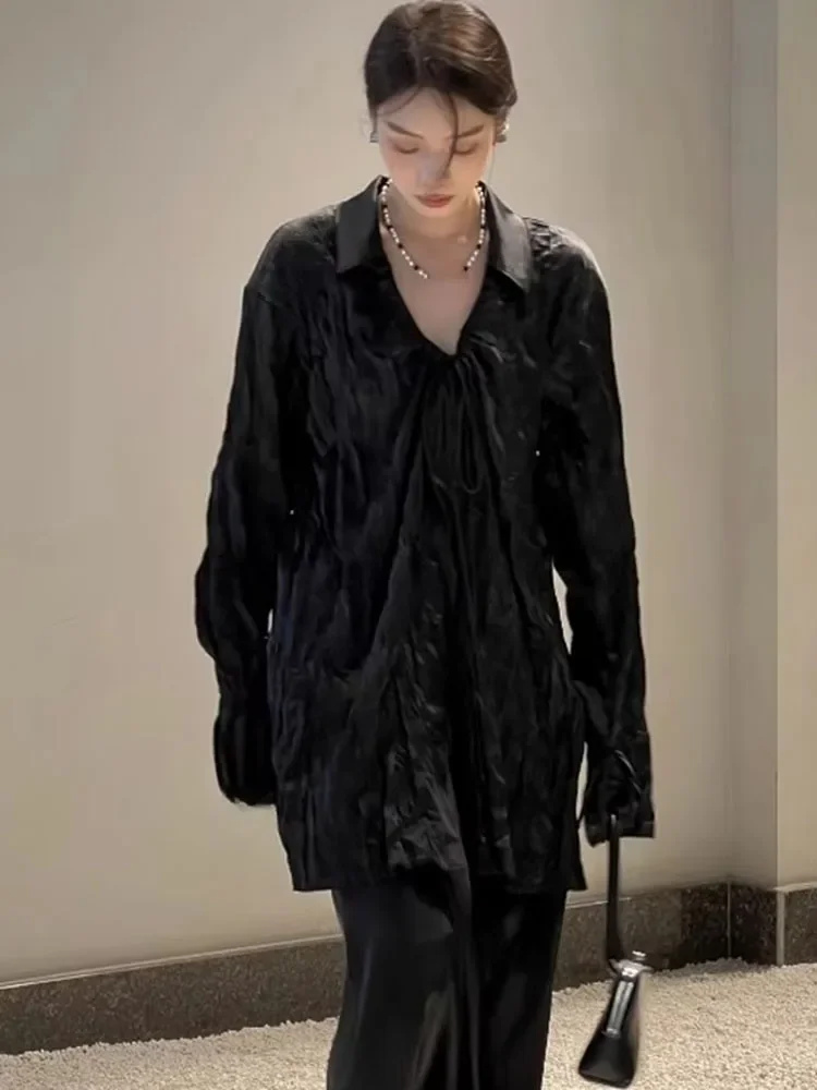 Y2k Ästhetische Vintage Damen Bluse Harajuku Einreiher ​ Grunge-Oberteile mit Kordelzug, 2025, Streetwear, plissiert, lässig, locker, Blusas