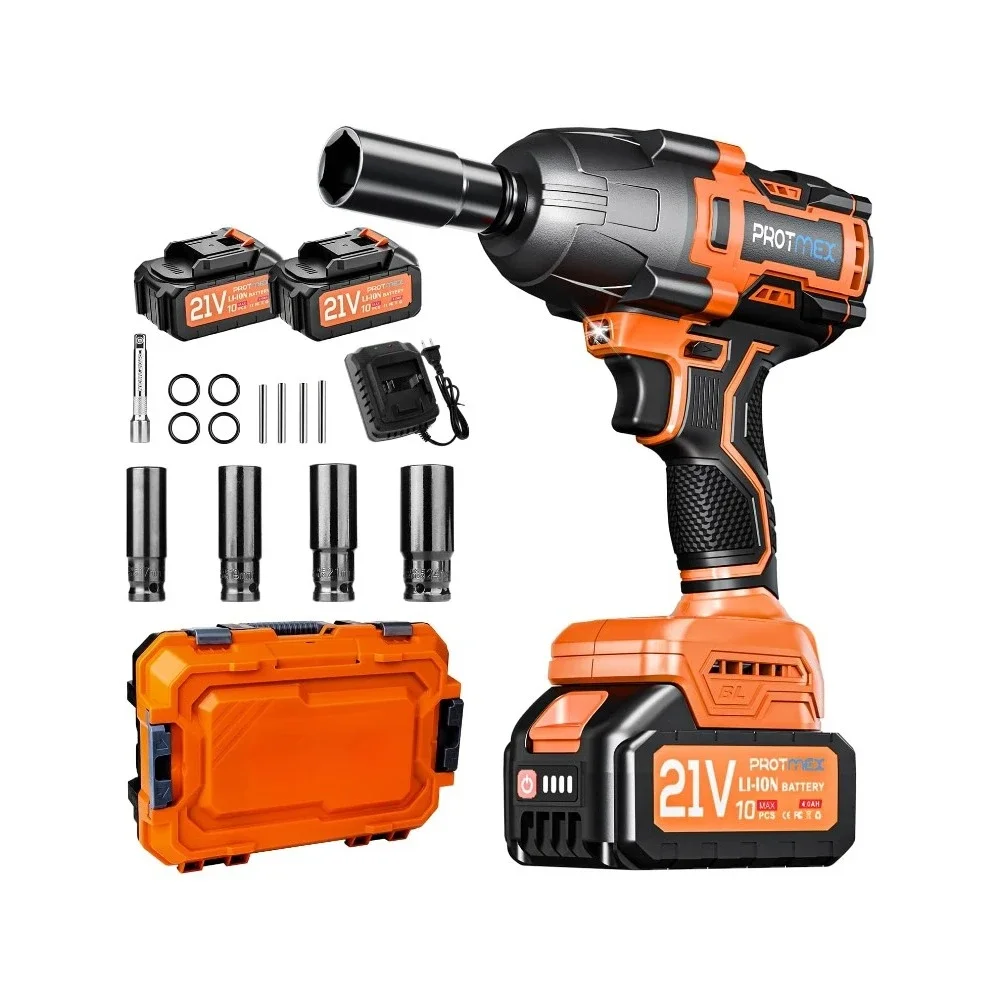 1200N.m Cordless Wrench, 1/2" Brushless Impact Gun, 21V High Torque Power Impact Driver, 4.0Ah Batteries Electric