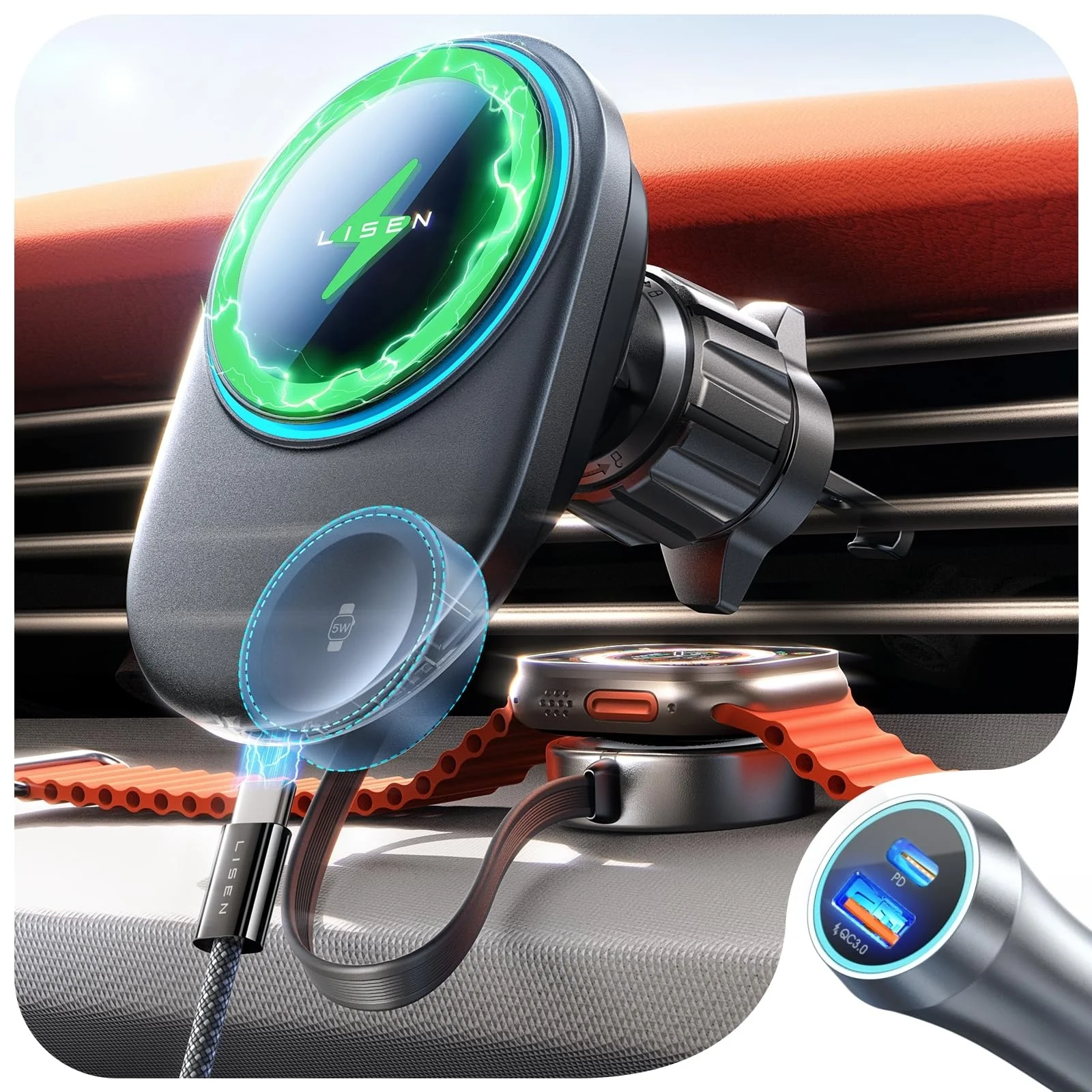 

Магнитное беспроводное автомобильное зарядное устройство LISEN Ultimate 2в1 18W с выдвижным кабелем для iPhone 16, 15 и Watch Ultra