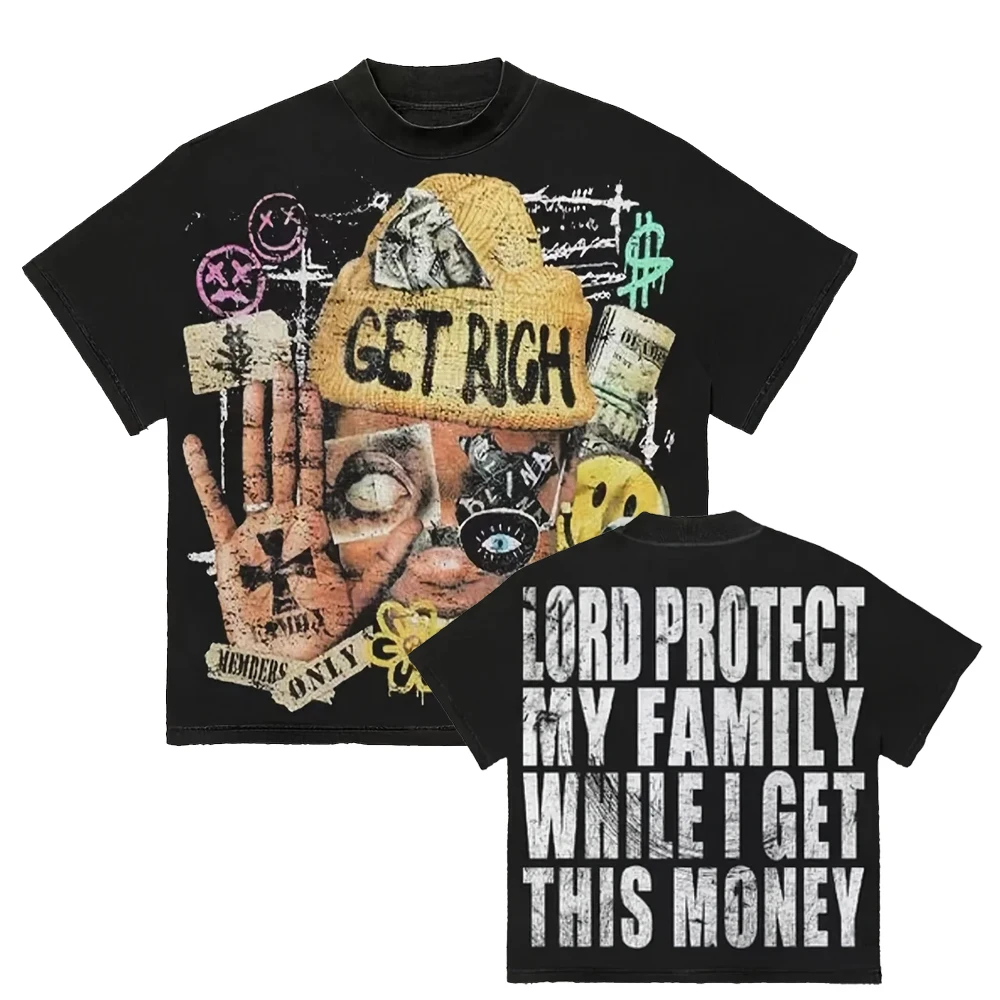 

Y2K Style Directional Printing Cotton T-shirt Breathable Fabric Street Hip-hop Harajuku Loose Pattern top Short-sleeved T-shirt
