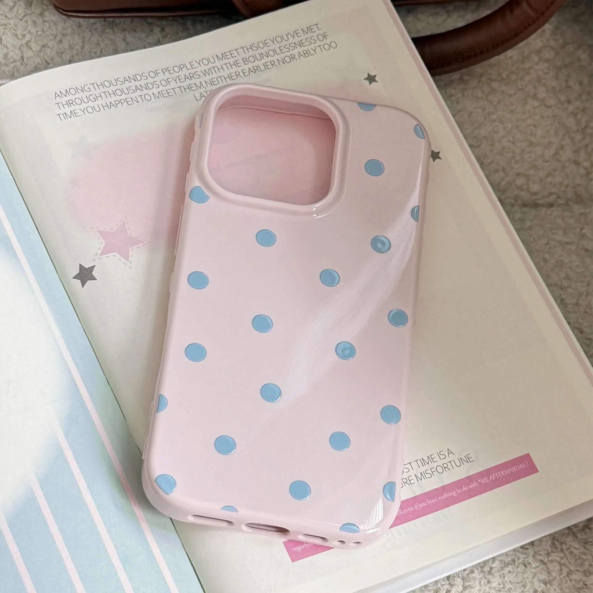 Koreanische einfache Vollbild-Rosa-Blau-Tupfen-weiche Handyhülle für iPhone 16, 15, 14, 13, 12, 17, Pro Max, stoßfeste Schutzhülle