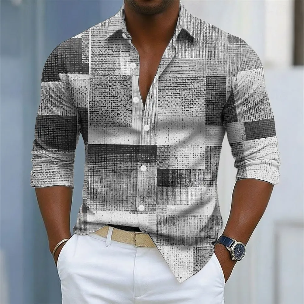 เสื้อเชิ้ตผู้ชายลายตารางเรขาคณิตสีสันสดใส แขนยาว แฟชั่นลำลอง สไตล์ฤดูใบไม้ร่วง พิมพ์ลาย 3 มิติ ปกเสื้อเชิ้ตติดกระดุม