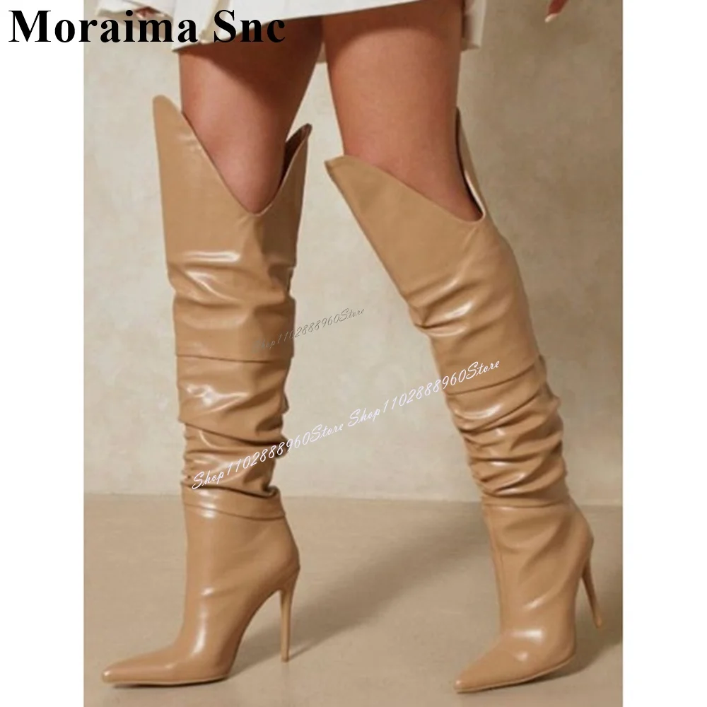 Knee High Khaki Pleated Leather V-top Boots Thin High Heel Women Shoes Slip-On Pointed Toe 2024 Fashionable Zapatos Para Mujere