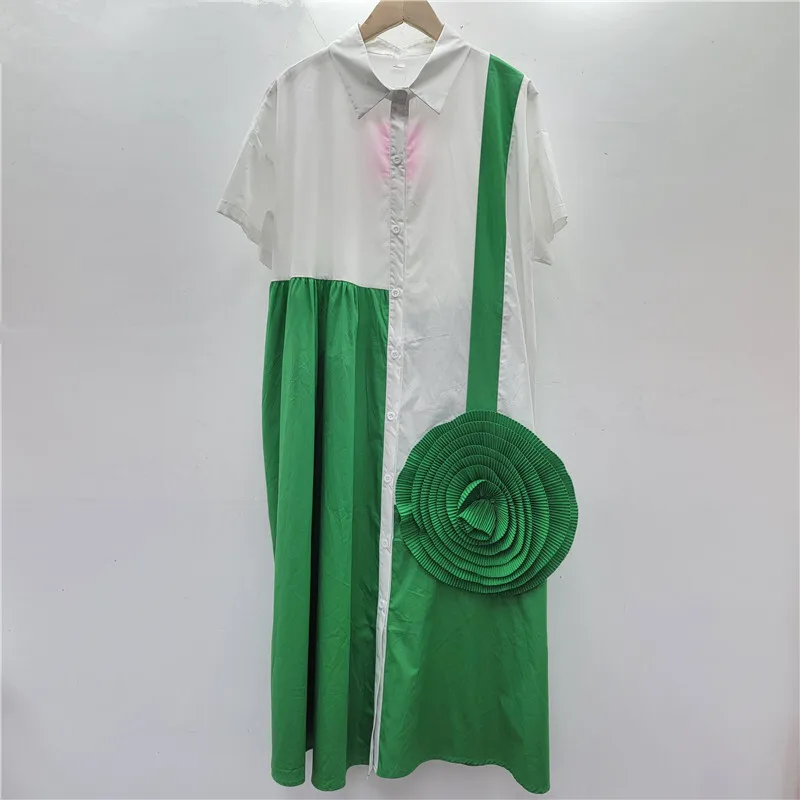 Whth moda feminina emendado 3d enrugado flor camisa vestido 2025 verão lapela mangas curtas vestidos femininos 1ls2027