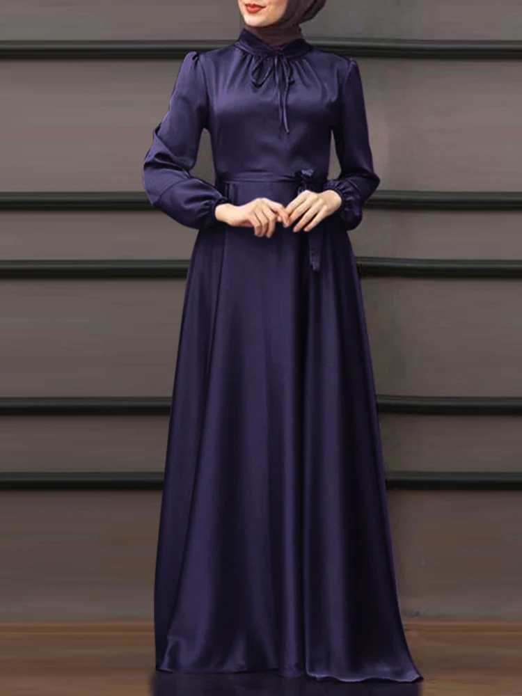 ZANZEA Women Spring Long Sleeve Solid Muslim Sundress Lace Up Vestido Dubai Abaya Hijab Dress Robe Elegant Maxi Long Satin Dress