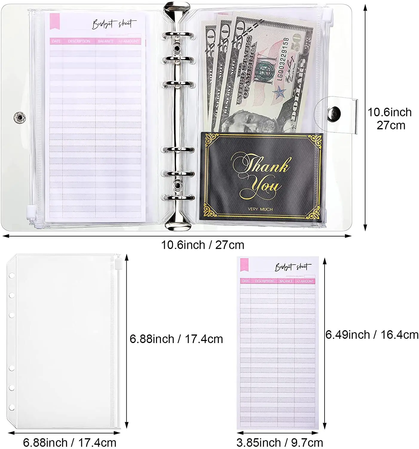 Carpeta transparente A5 A6, organizador de presupuesto, cubierta de carpeta de 6 anillas, 6 bolsillos de carpeta y 12 hojas de presupuesto de gastos