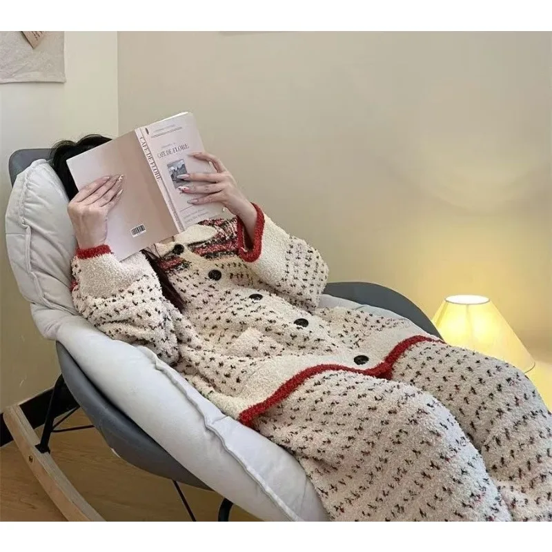 

2025 Women's Retro Cardigan Pajamas Thickened Half Fleece Loungewear Autumn Winter Comfortable Sleep Outdoor Home Warm Wear