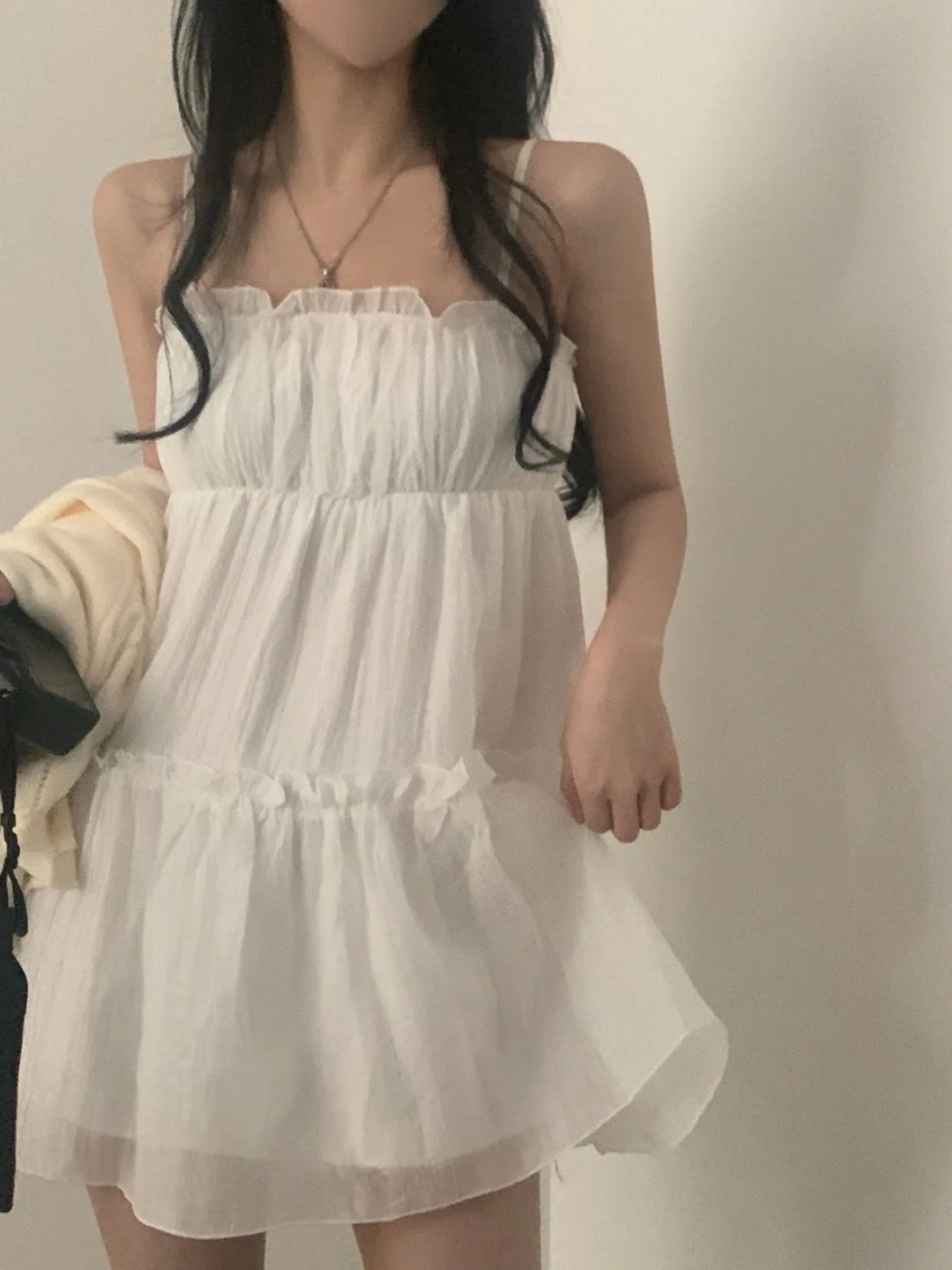 여름 세련된 여성 드레스 Strapl A 라인 미니 스커트 내부 착용 레이스 트림 화이트 컬러 캐주얼 유행 여성 드레스