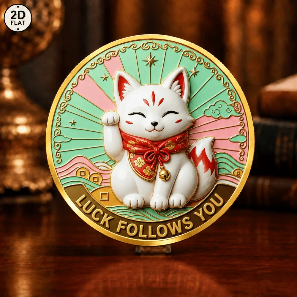 1pc 2D Print Maneki Neko Lucky Coin Koi Fish Fortune Challenge Coin Luck Follows You Metal Keepsake Gift for Friends Family