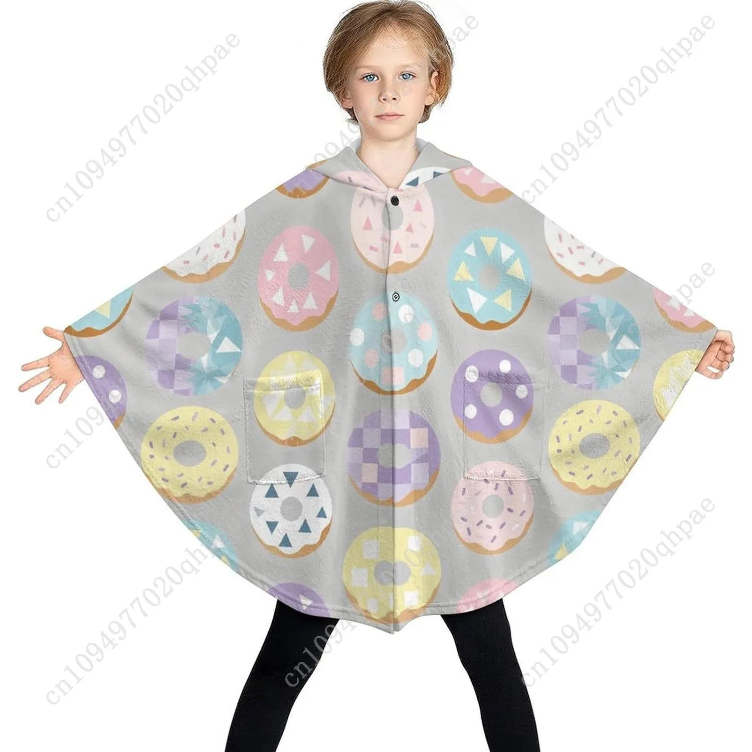 Comodo maglione coperta in flanella, felpa con cappuccio oversize con ciambelle colorate e tasche per bambini e adolescenti