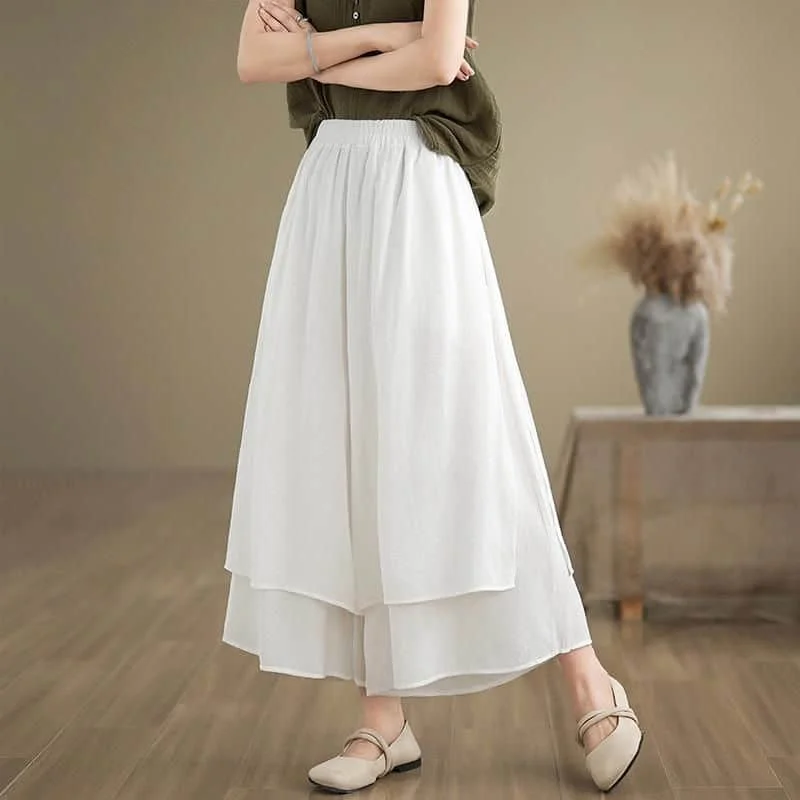 

Cropped Pants for Women Solid Loose Casual Vintage Summer Literary Korean Style Elastic Waisted Flowing Trousers Wide Leg Pants