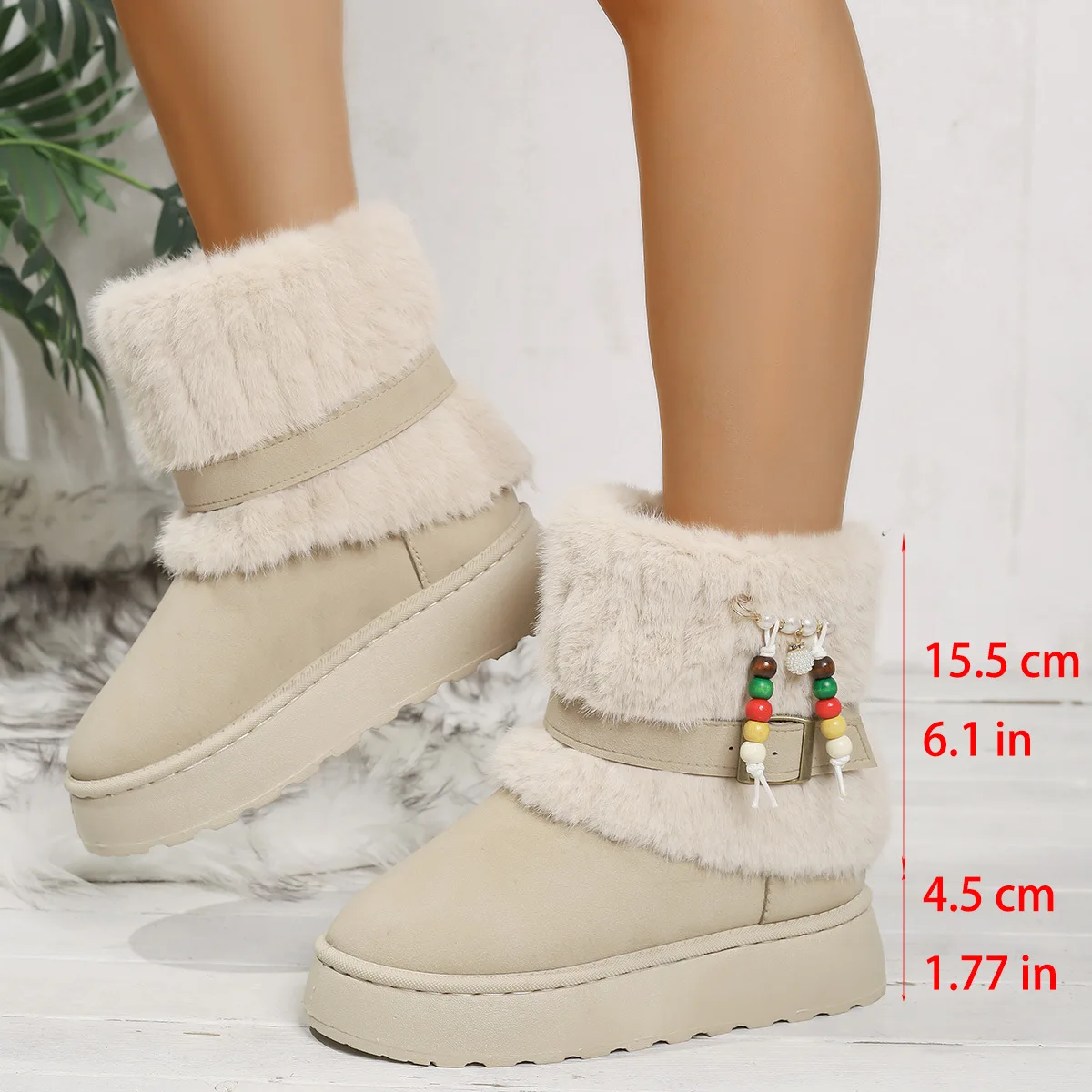 

Large-Sized Beaded Fleece Thickened Cotton Shoes Round-Toed Fleece Thick-Sole Warm Snow Boots for Winter