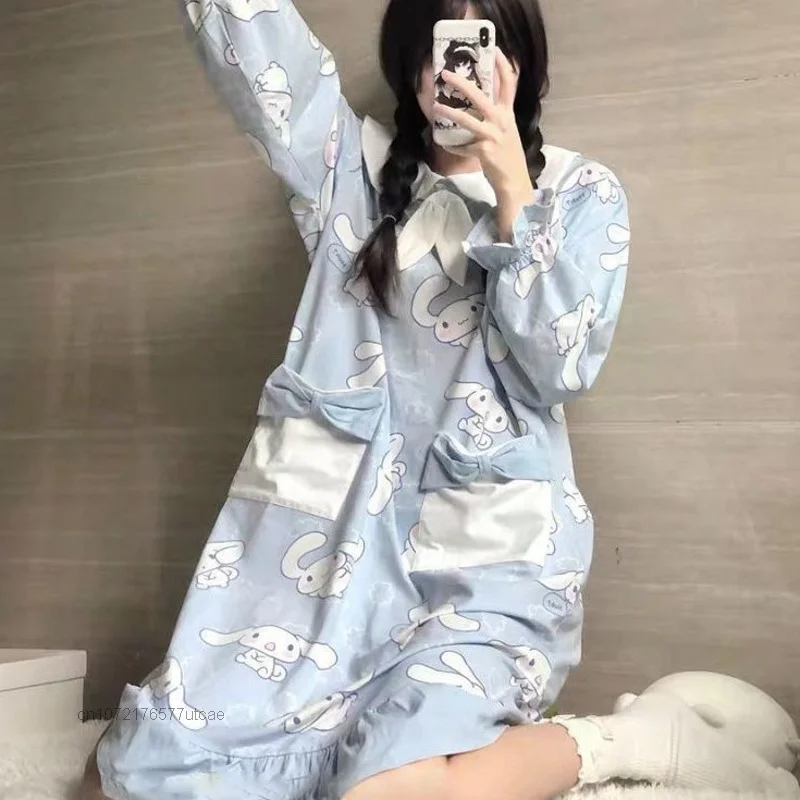 Sanrio Cinnamoroll Kawaii Loose Y2k Woman Dress Spring Autumn Sweet Cartoon Oversize Pijamas Korean Style Sleepdress Clothes