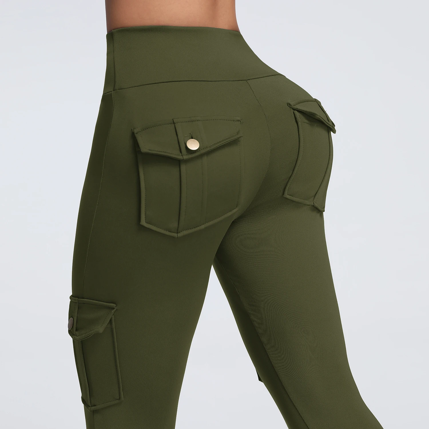 

Cargo Style Fitness Pants Women's Sports Tight Leggings With Pocket Stretch High Waist Peach Hip Trousers StreetWear