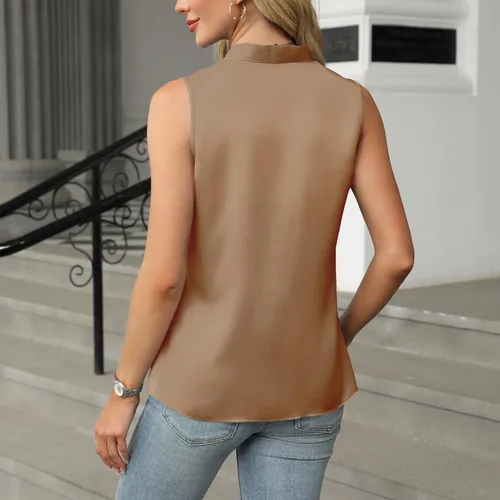 Imagen 2 del producto Chaleco sin mangas de seda de imitación para mujer, camiseta cómoda y transpirable con cuello en V, camiseta sin mangas, chaleco elegante de Color sólido a la moda