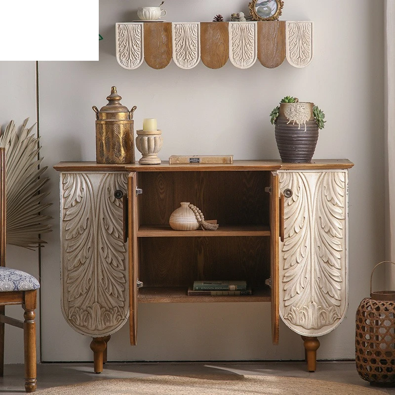 French solid wood relief home decoration entrance cabinet, retro personalized dining side cabinet, old storage complete set of c