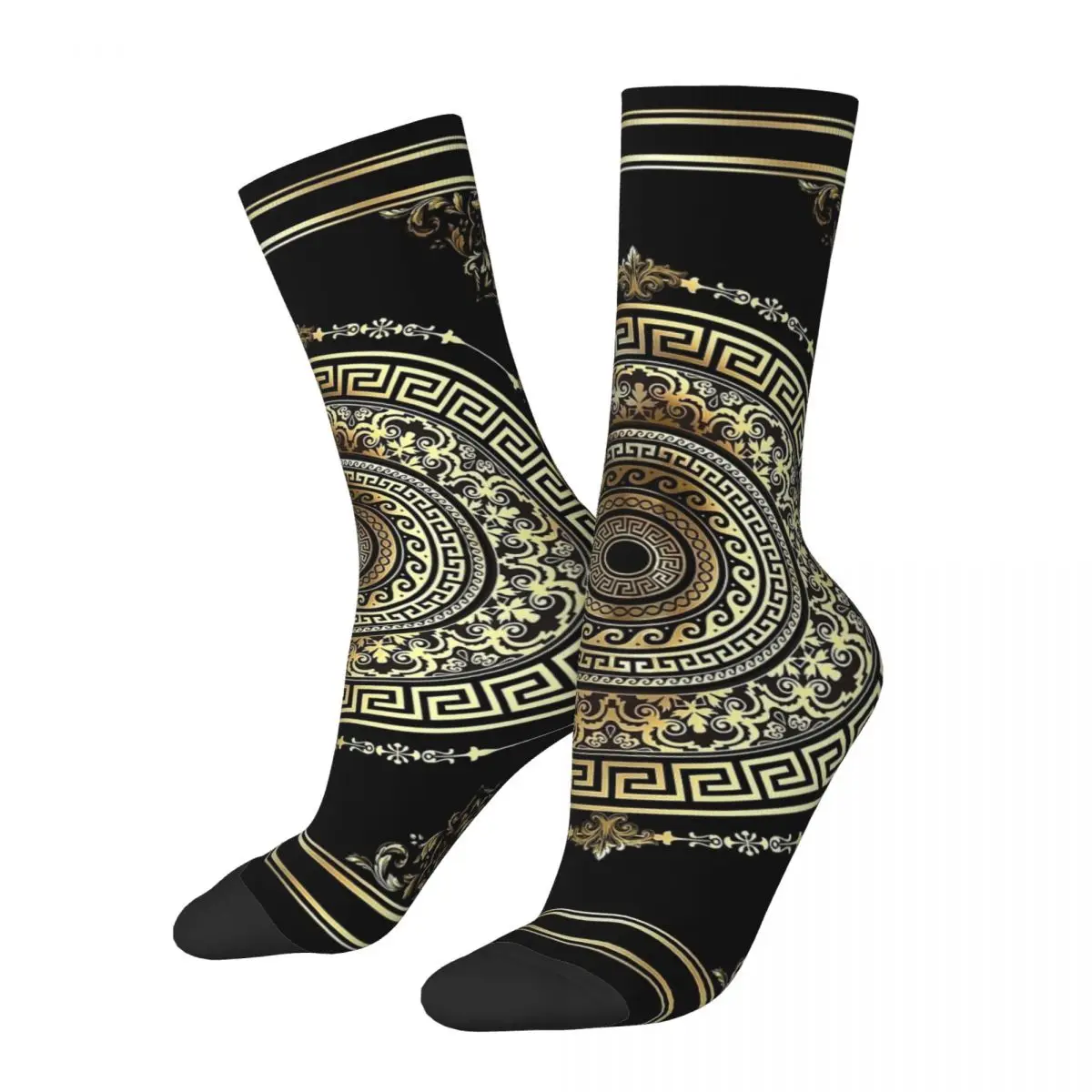 Autumn Winter Funny Women Men Ornate Baroque Gold And Black Greek Key Socks Non-slip Crew Socks