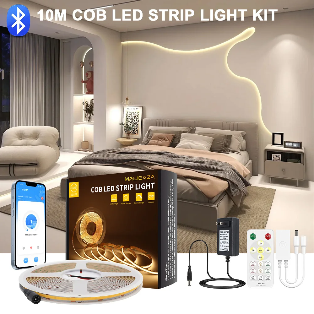 10M COB LED Strip Lights 24V LED Light 384LED/m Dimmable Remote Controller Full Kit Warm Natural White LED Tape for Decoration