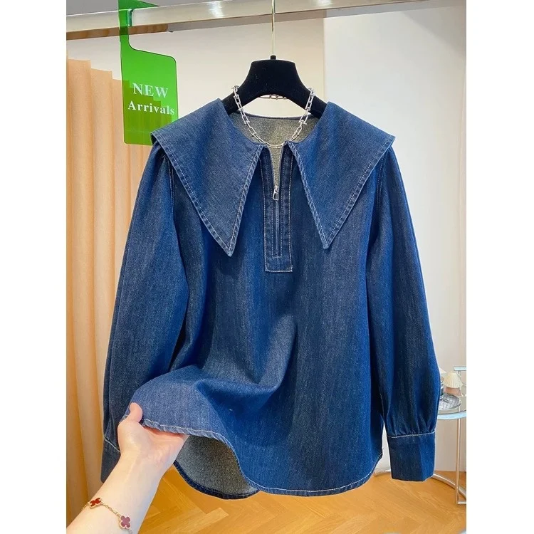 

Retro Denim irt Women's Loose Bubble Sve Beautiful Top NAVY Collar Long Sve Casual Classic Sle Early Autumn New Arr...