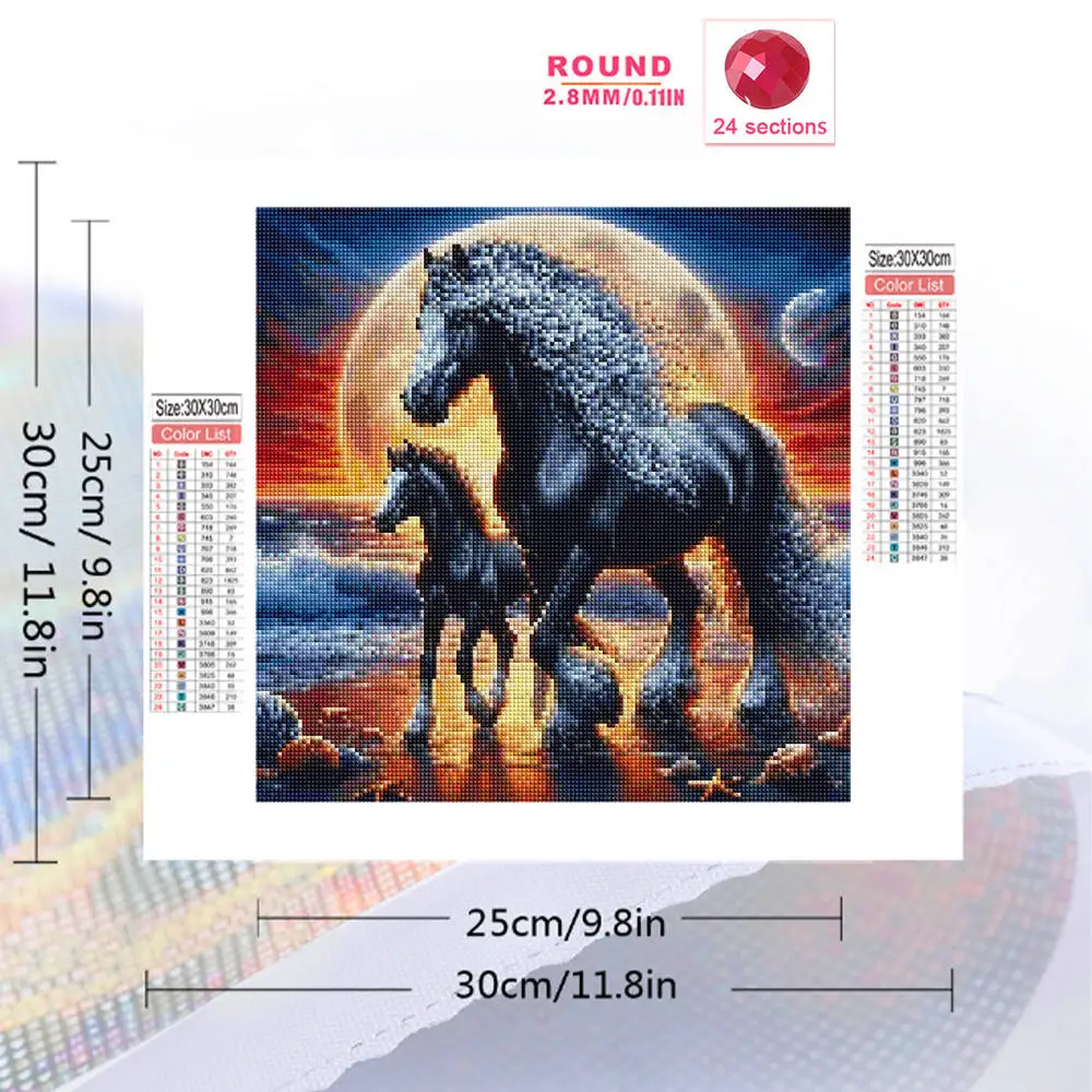 Momoart Full Square Round Diamond Mosaic Horse Animal Painting Seaside DIY Suitable For Beginners Embroidery Moon Home Decor