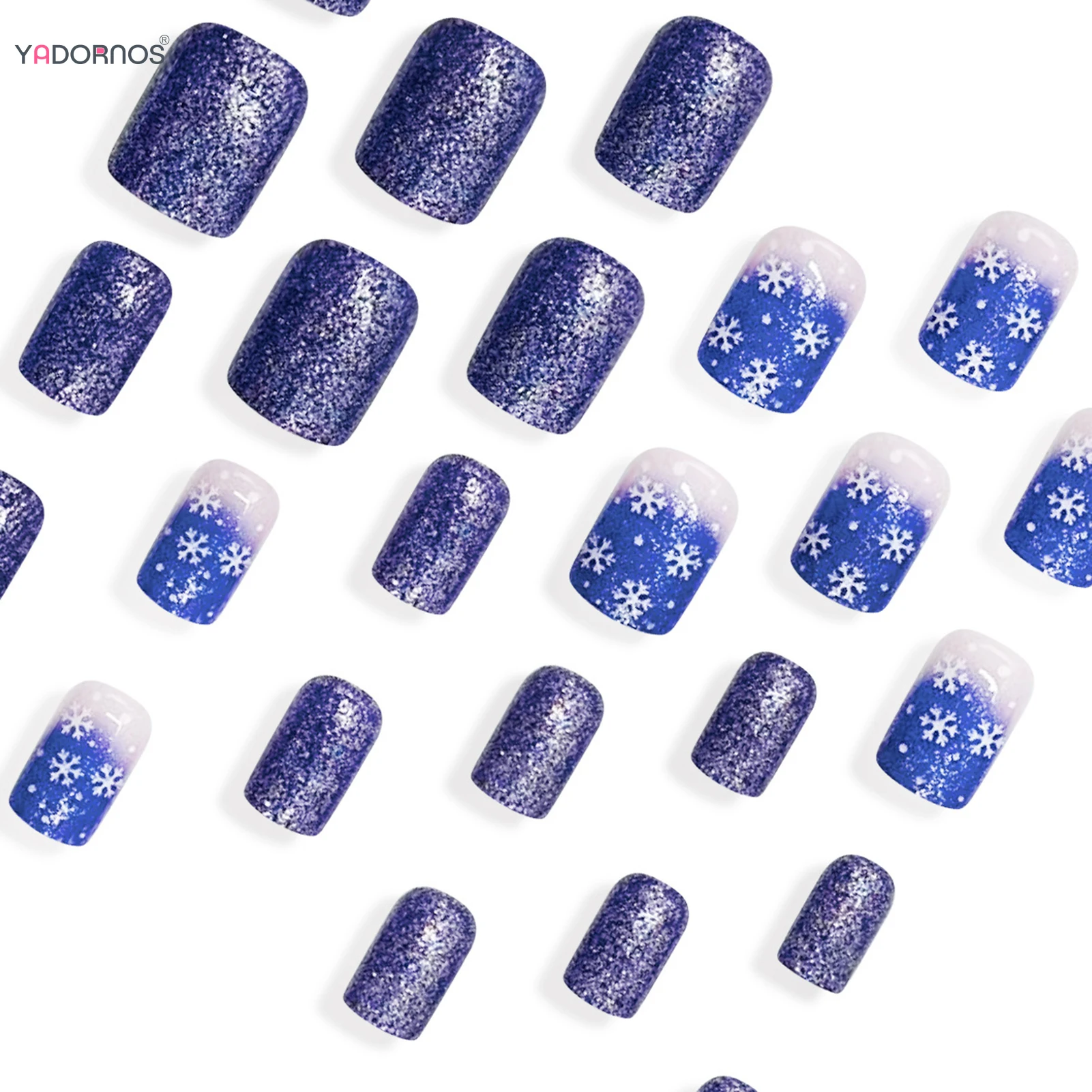 Uñas postizas con lentejuelas azules brillantes, dijes cuadrados cortos, uñas postizas con estampado de copos de nieve blancos para mujer, uñas postizas para fiesta de Navidad