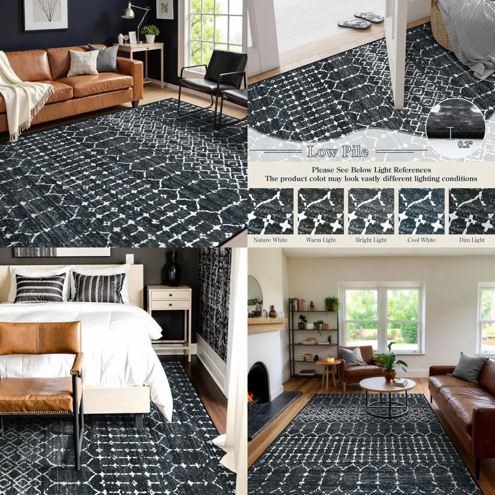 

Moroccan Black 6x9 Area Rugs for Living Room with Non-Slip and Ultra-Thin Design, Ideal for Stain Resistant Dining Spaces