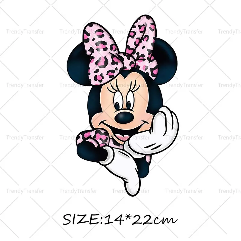 Roze Luipaard Minnie Mouse Karakter Opstrijkpatronen DTF Prints Warmtepersstickers voor kleding Strijkstickers