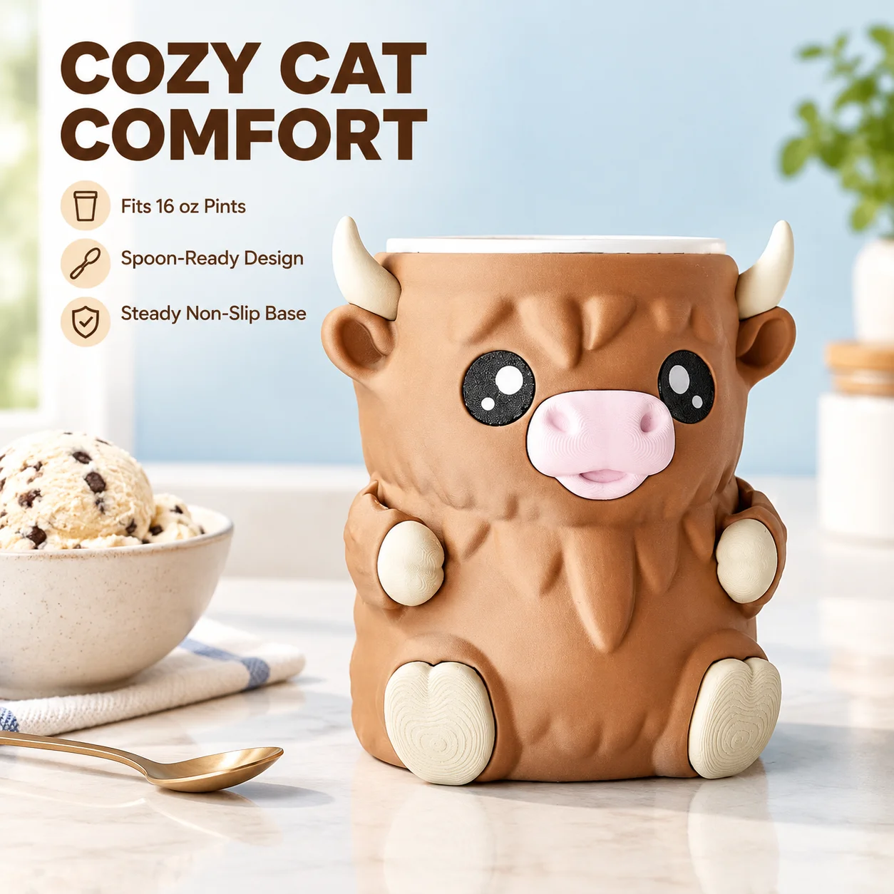 3D Printed Cat Ice Cream Pint Holder, Adorable Kitten Cozy Sleeve with Spoon Slot & Non-Slip Base, Reusable for 16oz Ben