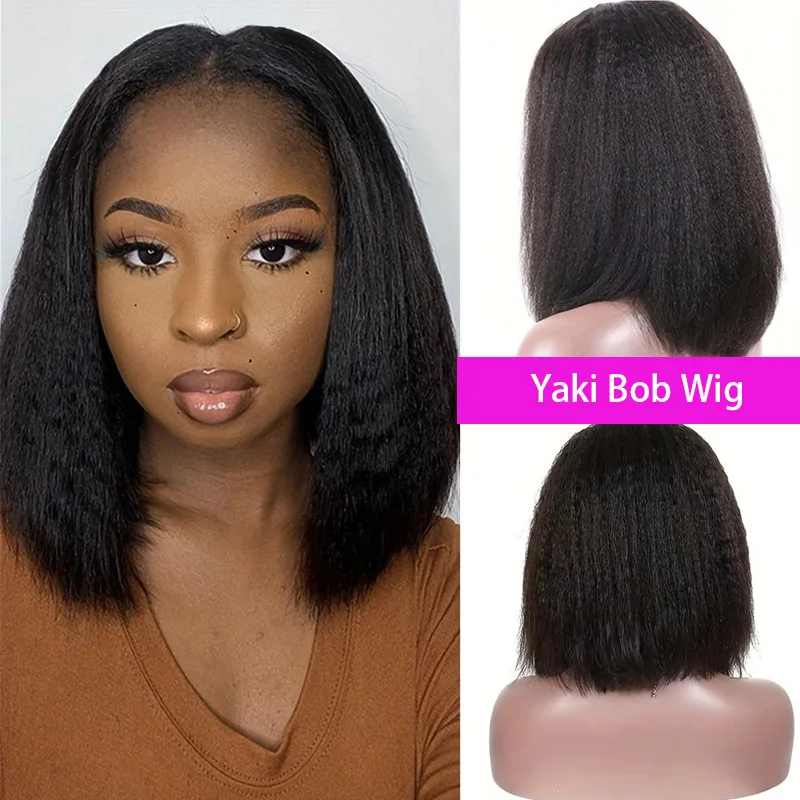 Yaki Straight Short Bob Wig para mulheres, 100% cabelo humano, renda suíça, pré arrancada, nós branqueados, uso diário