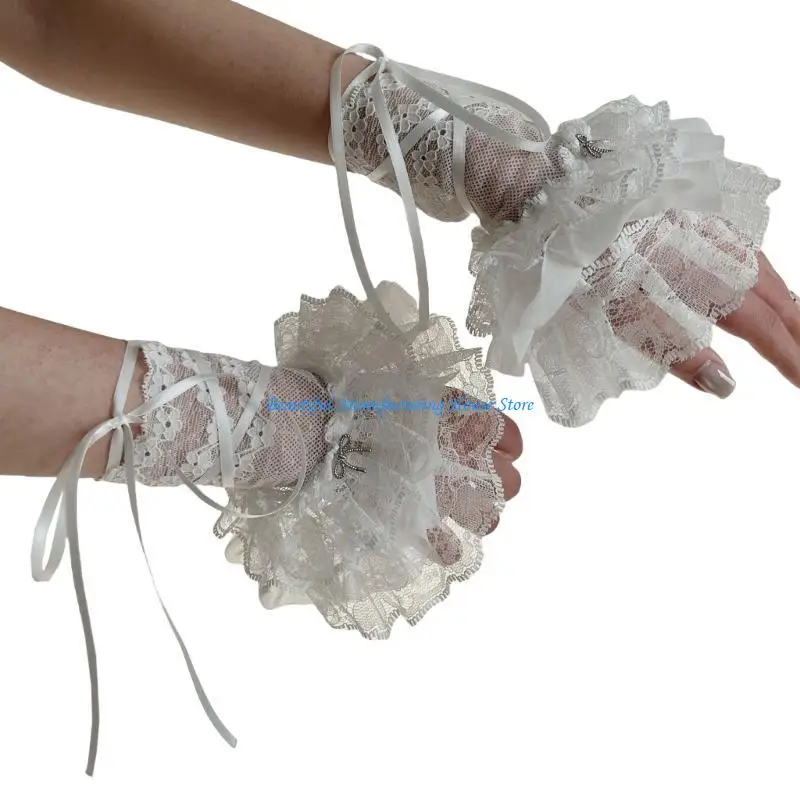 

E56A False Ribbon Sleeves Detachable Balletcore Sweater Decorative Sleeves Lace Brim Pleated Lace Wrist Cuffs