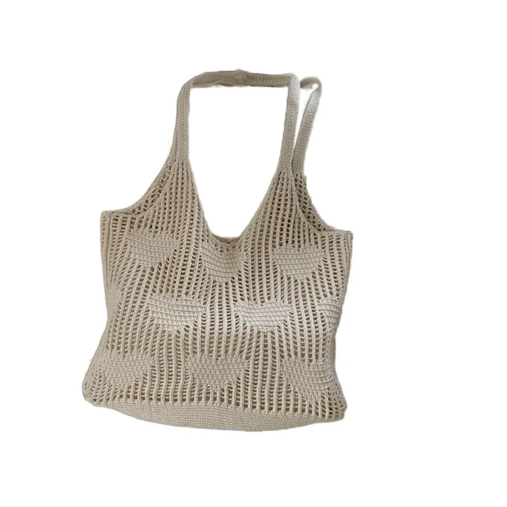 

Love Heart Knitted Shoulder Bag Hollow Out Bohemian Style Woven Shopping Bag Large Capacity Beach Bag Reusable Grocery Bag