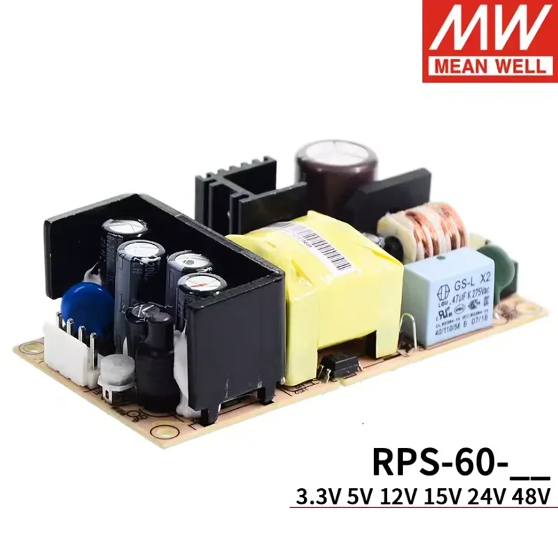 

Mean Well RPS-60 Series 65W, Тип печатной платы, медицинский источник питания, Meanwell RPS-60-3.3/5/12/15/24/48, низкий ток утечки/компактный размер