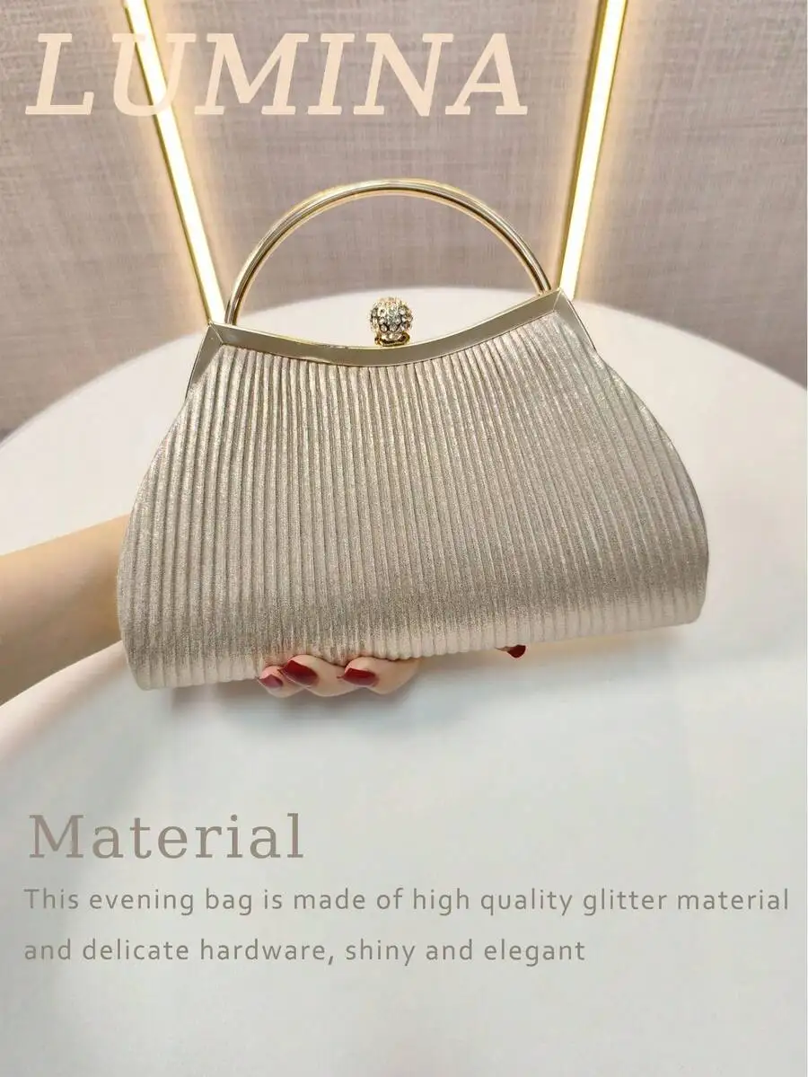 

Shimmering Pleated Glitter Clutch With Crystal Top Handle For Evening Party Wedding Dressy Occasion
