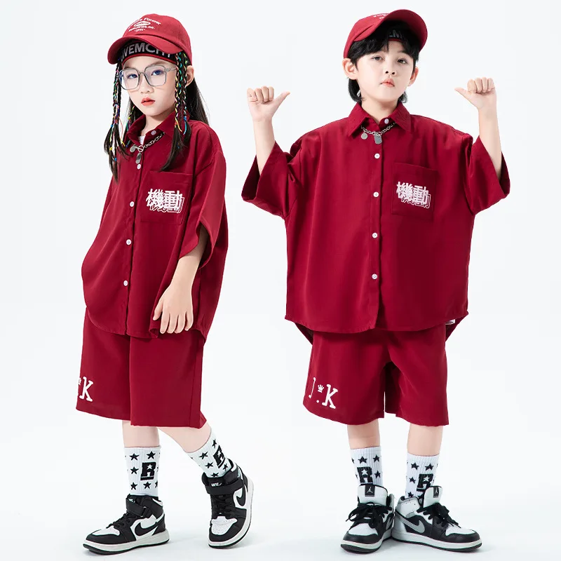 Ropa de Hip Hop para niño y niña, camisa de manga corta de gran tamaño, Top ancho informal, pantalones cortos de verano, traje de baile de Jazz, color rojo vino